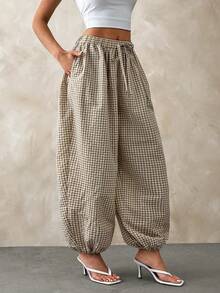 Women's Casual Beige Gingham Drawstring Elastic Balloon Harem Pants - Beige - View 3