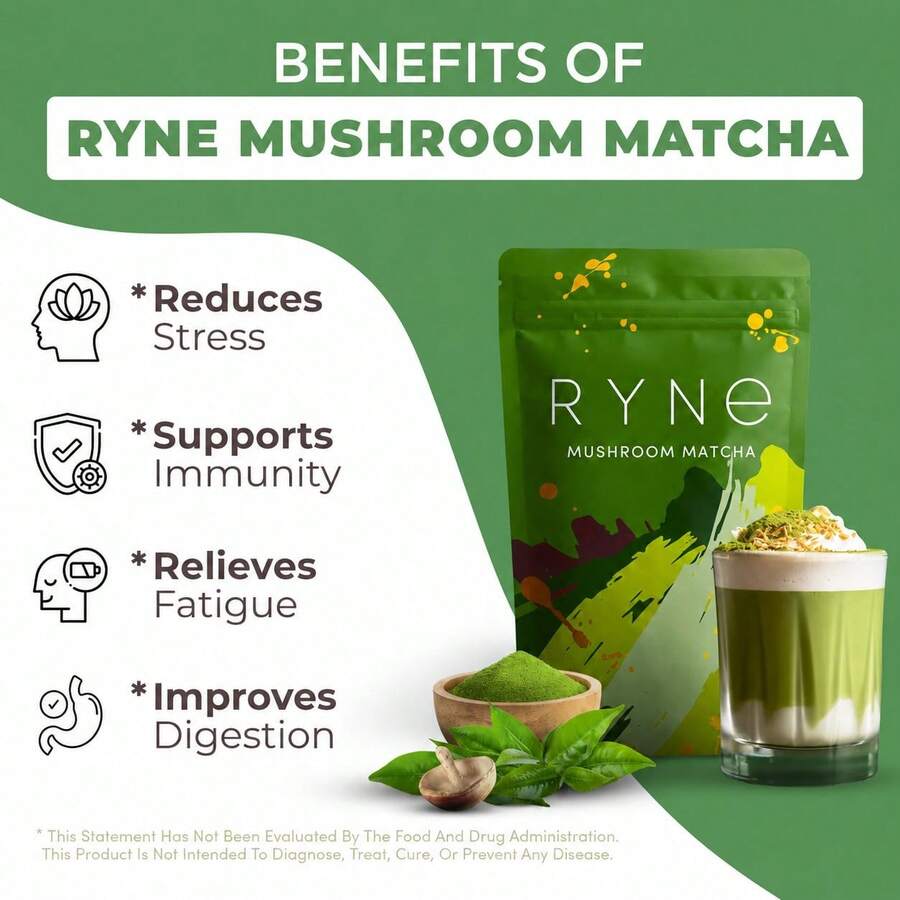 Nutricost RYNE Organic Mushroom Matcha Powder, USDA Certified, Natural Energy & Focus Support, Morning Boost & Immune Health, 1 Bag - 30人份 - 查看 1