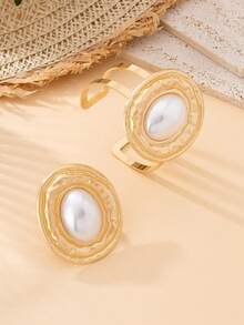 1 Set/2pcs Gorgeous Fashionable Exaggerated Design Metal Oval Inlaid Faux Pearl Geometric Open Adjustable Bracelet + Ring Women's Jewelry Set - Geometric Bracelet and Ring Set - View 5