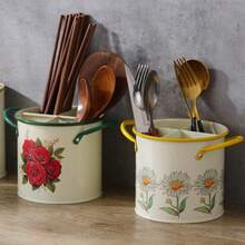 1pc Floral Print Enamel Utensil Holder, Divided Kitchen Cutlery Storage Bucket With Handle, Countertop Organizer For Chopsticks, Spoons & Forks, Vintage Farmhouse Style Kitchen Decor - Multicolor - View 3