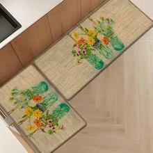 1 pieza, Decoración del hogar, Estampado de patrón floral, Alfombra de lino para cocina, Tapete de cocina, Tapete de piso, Tapete de baño, Tapete de puerta, Impresión 3D rectangular, Adecuado para sala de estar, dormitorio, pasillo, baño, lavandería - Alfombra de poliéster, Adecuado para decoración del hogar interior y exterior - Multicolor - Ver 2