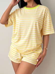 Vellofy Women's Casual Striped Two Pieces Set With Round Neck Short Sleeve Top And Shorts Summer - Yellow - View 7