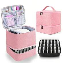 Bolsa de almacenamiento de esmalte de uñas, bolsa de aceite esencial, Kit cosmético portátil para el cuidado de las uñas, caja de almacenamiento de herramientas para el cuidado de uñas, doble capa, 30 compartimentos - Caqui - Ver 2
