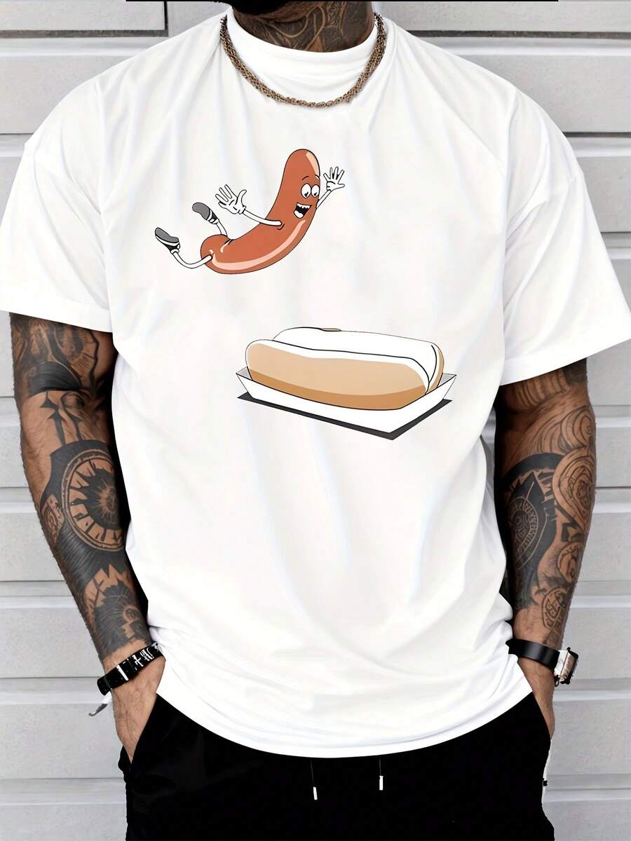 Camiseta Casual de Hombre con Estampado de Hot Dog y Pan Corriendo, Diseño Cartoon Creativo, Ropa Deportiva y Streetwear Divertido - Blanco - Ver 1