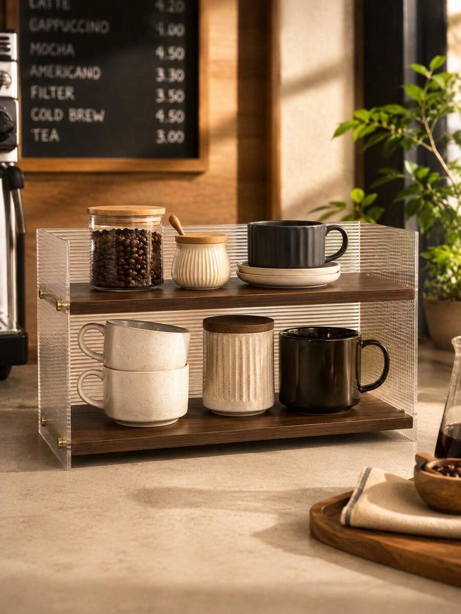 1 Piece Double-Layer Desktop Storage Rack, Wavy Transparent Acrylic & Wooden Organizer Shelf With Gold Accessories, Open Display Stand, Multifunctional Makeup Storage Rack For Home, Cosmetics, Kitchen, Bathroom, Coffee Corner, And Desk Organization. - Brown - View 1
