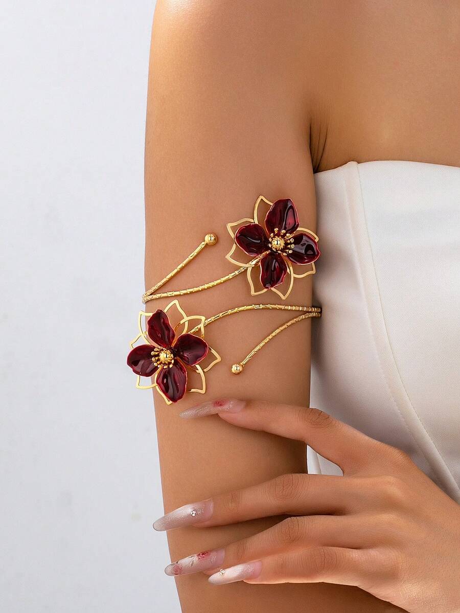 1 buah Gelang Lengan Enamel Motif Bunga Ganda, Rantai Lengan Bunga Berlebihan Gaya Liburan yang Dipersonalisasi, Kelopak 3D yang Ramah Kulit dan Dapat Diatur - Gaya berongga Burgundy - View 1