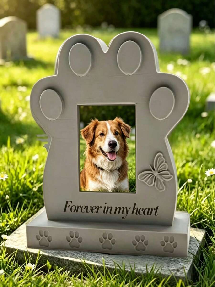 Paw Print Pet Memorial - Dog Cat Tombstone, Engraved With "Forever In My Heart", Butterfly Design, 3D Printed Material, Suitable For Outdoor Garden Cemetery And Indoor Desk, Pet Loss Sympathy Gift - Multicolor - View 1