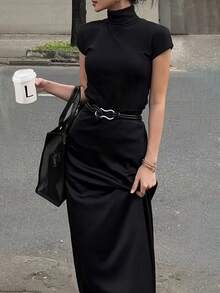 Long Satin Midi, A-Line Straight Cut With Zipper, Elegant Casual Style For Autumn, Suitable For Daily Wear, Office & Party Black - Black - View 4