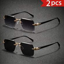 2PCS Men's Fashion Decorative Glasses Gold Plastic Material, Solid Color Pattern, Vintage Style, Square Shape, Rimless Glasses, Suitable For Daily Use, Driving, Hiking, Summer Beach, Outfit Matching, Street Photography, Various Holidays, Party Gatherings, Suitable As A Gift, Suitable For All Face Shapes, High Quality Glasses, Fashion Accessory - Color Mixing - View 7