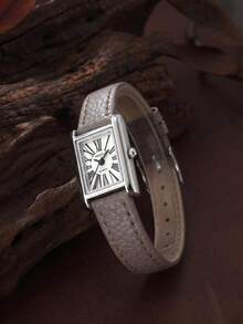 1pc Women's French Vintage Roman Numeral Square Quartz Wristwatch, Suitable For Daily Commute, Holiday Gift Wear - Grey - View 4