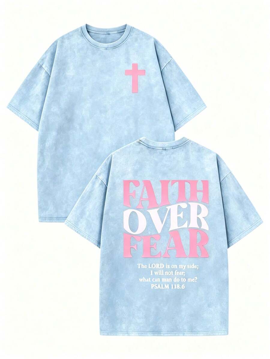 Psalm 118:6 Faith Over Fear Shirt Pink Cross Graphic Vintage Wash Christian Streetwear Church Outfit, Women Washed T-Shirt,Vacation Outfits Women - 淺藍色 - 查看 1