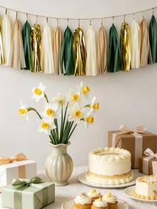 1pc Sage Green & Gold Tassel Garland Tulle Tassel Banner Set, Teal Tassel Garland, Teal & Gold Birthday Party Decor, Suitable For Wedding And Party Birthday Supplies - K - View 8