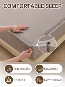 1pc Textured Woven Fitted Sheet, 6-Sided Zipper Mattress Protector, Country Style Woven Bed Cover, Coffee Brown Room Decor, Dust-Proof & Non-Slip, Skin-Friendly & Breathable, Suitable For Twin/Full/Queen/King Size Beds, All-Season Use, Machine Washable, Pillow And Duvet Cover Not Included - Warm Coffee Color - View 6