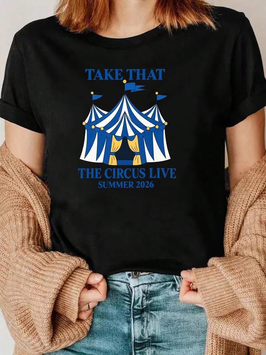 Camiseta estampada del grupo masculino del Reino Unido Take That (Take That) 2026 "The Circus Live" Encore Tour - Camiseta casual de manga corta con cuello redondo para mujer, suave, de cort - Negro - Ver 1