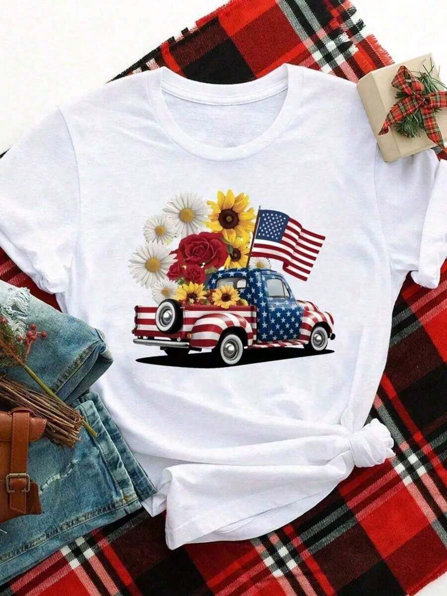 100% algodónCamisetas de verano de manga corta para mujer, talla grande, estilo vintage americano - Diseño retro de remolque y flores en verde, corte en A, casual para el día a día y para el - Blanco 4 - Ver 1