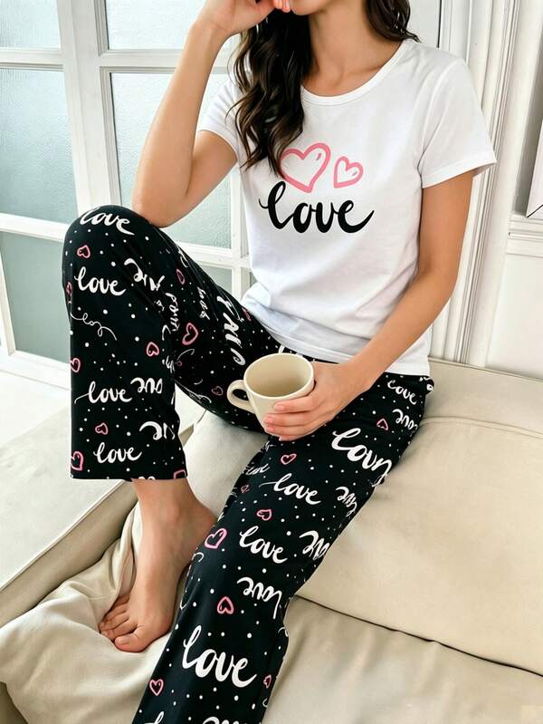 White Printed Short Sleeve Top And Printed Long Pants 2 Pieces Pajama Set For Women