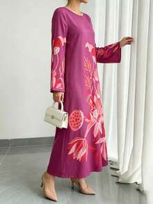 1pc Women's Orange Floral Print Casual Dress With Ruffle Sleeves, Elegant Arabic Style Maxi Dress, Luxury Party/Holiday/Vacation Dress, Perfect Gift For Mom, Daughter, Friend - Hot Pink - View 5