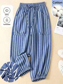Pantalones casuales sencillos de bolsillo con lazo al frente de unicolor en talla grande, uso casual diario - Azul lavado oscuro - Ver 1