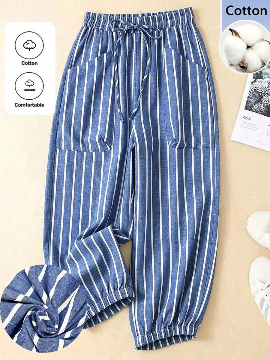 Pantalones casuales sencillos de bolsillo con lazo al frente de unicolor en talla grande, uso casual diario - Azul lavado oscuro - Ver 1