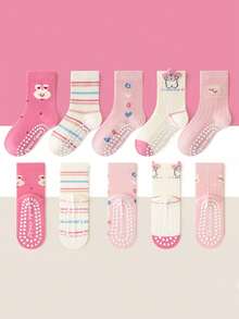 5 Pairs Kids Floor Socks Pink Cartoon Flower & Rabbit Pattern Dotted Grip Soft Sole Indoor Anti-Slip Mid-Calf Socks For Baby Boys & Girls Japanese Style - Multicolor - View 8