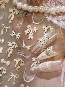 1 Sheet 3D Embossed Polka Dot Bow Nail Stickers, Raised White Bow With Lace & Dot Detail, Ultra-Thin Self-Adhesive Decals For Long-Lasting Sparkle - Multicolor - View 3