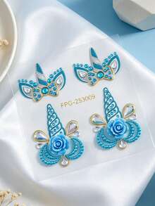 1pc Blue Unicorn Flower Face Rhinestone Sticker, Teardrop Colorful Rhinestone + Flower Style, Waterproof Long-Lasting Brow Center Sticker, Music Festival Party / Sweet Cool Hot Girl Makeup Accent - Multicolor - View 4