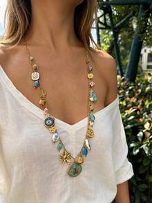 Monlansher Nuevo collar largo de acero inoxidable para mujer con múltiples colgantes, artesanía de esmalte con goteo, encantos de moda múltiple, personalizado casual versátil - N0497 - Estilo colgante múltiple - Ver 2