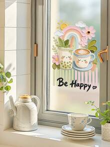 1pc Summer Plant Flower Glass Decorative Sticker, Window Static Cling BE HAPPY Glass Film, Coffee Cup Smiling Face Home Decor Wall Sticker - UV34326-mengmo Drink - View 2
