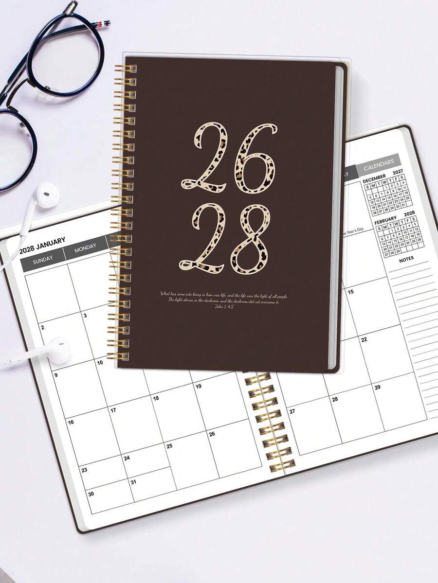 BUBU 1本 2026-2028 週計畫與月計畫螺旋裝訂筆記本，學術約會簿日程日誌，提升生產力，適合居家、學校與工作使用，A5尺寸，返校用品、辦公用品、學校用品，教師禮物、男士禮物