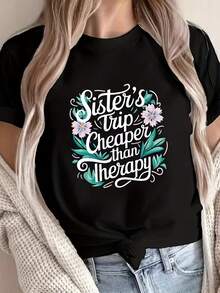 Camiseta de Mujer   Esta camiseta casual de manga corta y cuello redondo para mujer presenta la frase 'Las viajes con hermanas son más baratos que la terapia', lo que la hace perfecta como p - Negro - Ver 1