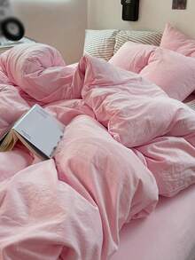 Blue And White Color Block Washed Polyester Skin-Friendly 3 PiecesDuvet Cover Set - Baby Pink - View 6
