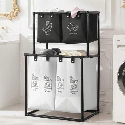 Double Laundry Basket With Removable Bins (No Wheels) - Collapsible 2-Tier Laundry Sorter - Oxford Fabric & Steel Frame - Clothes Hamper For Kids, Adults, Travel