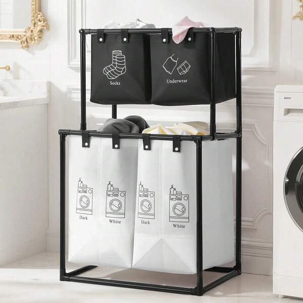 Double Laundry Basket With Removable Bins (No Wheels) - Collapsible 2-Tier Laundry Sorter - Oxford Fabric & Steel Frame - Clothes Hamper For Kids, Adults, Travel
