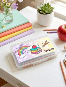 1pc Custom Pencil Case With Name, Clear Pencil Box With Cartoon Apple/Bus Design, Perfect Back To School Gift For Students,Ideal For Classroom And Home Use - Multicolor - View 8