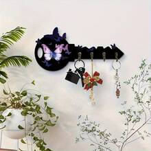 1pc 2D Flat Modern Style Purple Butterfly Pattern Wall-Mounted Key Rack - Natural Wood Key Organizer, 4 Hooks Suitable For Entryway, Bedroom, Office - Perfect Housewarming Gift, Handmade Appearance, Entryway Decor, Durable Wooden Wall Hooks, Great Gift Item - Multicolor - View 5