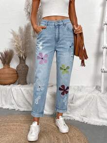 Sweet Casual Elegant Bohemian Denim Embroidered Pocket Zipper Button Women's Jeans Country Music Concert Travel Daily Home All Seasons - Light Wash - View 3