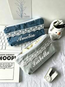 Customized Lace Pencil Case, Personalized Name Floral Stationery Storage Bag, Makeup Bag. Essential Student Stationery, Perfect For Back To School, Teacher's Day Gift, Customized Name. 1pc - Multicolor - View 4