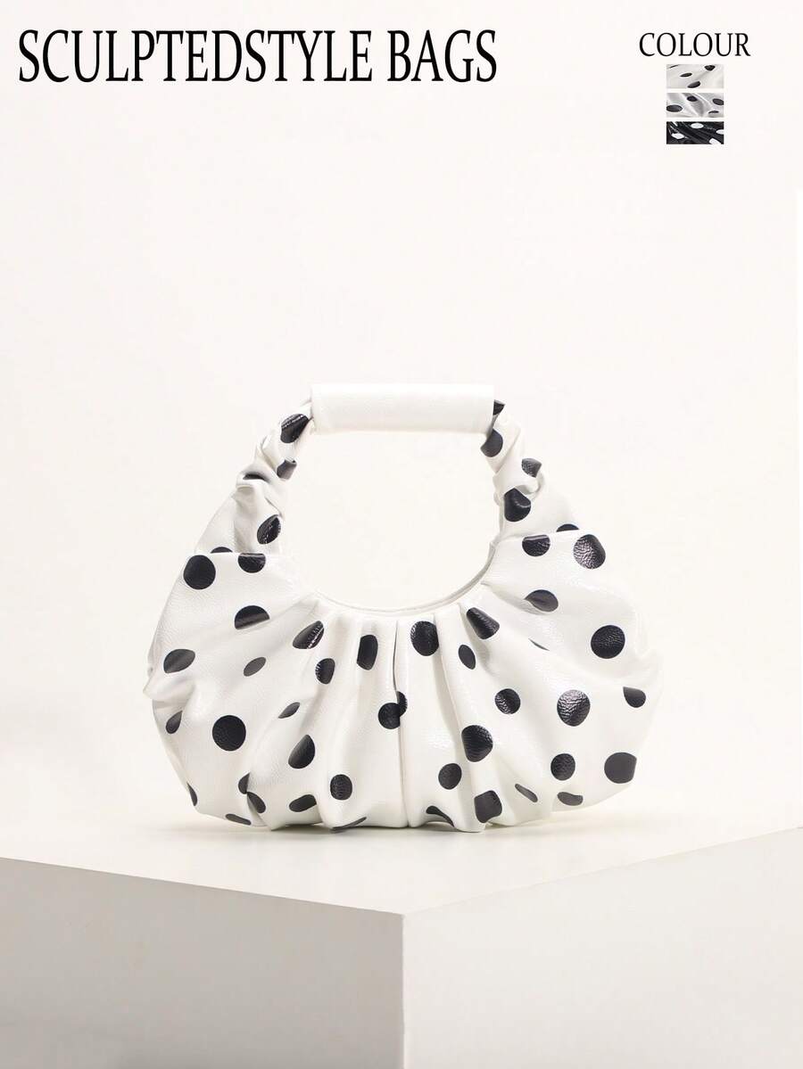 SCULPTEDSTYLE BAGS 1件黑白對比圓點印花雲朵包,時尚褶皺設計,極簡拼接優雅女款手提包,適合日常通勤、購物、約會、下午茶 - 白色 - 查看 1
