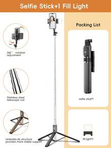 Portable Foldable 1.3 Meters Selfie Stick Tripod, Stainless Steel Telescopic Pole, Double-Sided 3-Color Adjustable Fill Light, Detachable Bluetooth Remote, 360° Adjustable Phone Holder, Stable Tripod Base, Suitable For Outdoor Travel, Vlog, Live Streaming, Desktop Content Shooting, Group Selfie - Multicolor - View 10