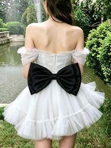 A Black Satin Back Large Double Bow Accessory Waist Decoration 37cm - Black - View 6