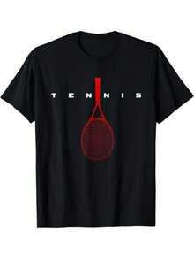 Camiseta casual de algodón para hombre con estampado de tenis, de manga corta y cuello redondo, ropa masculina, camiseta de algodón 100% cómoda, casual y transpirable de 180g. - Negro - Ver 1