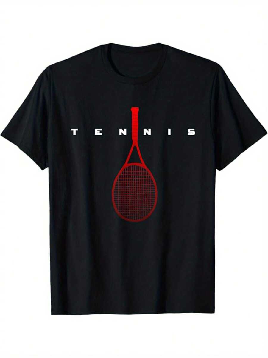 Camiseta casual de algodón para hombre con estampado de tenis, de manga corta y cuello redondo, ropa masculina, camiseta de algodón 100% cómoda, casual y transpirable de 180g. - Negro - Ver 1