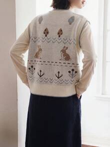 Women's Casual Retro Funny Pattern Round Neck Knit Cardigan Vest Top, Autumn/Winter Fall - Beige - View 2