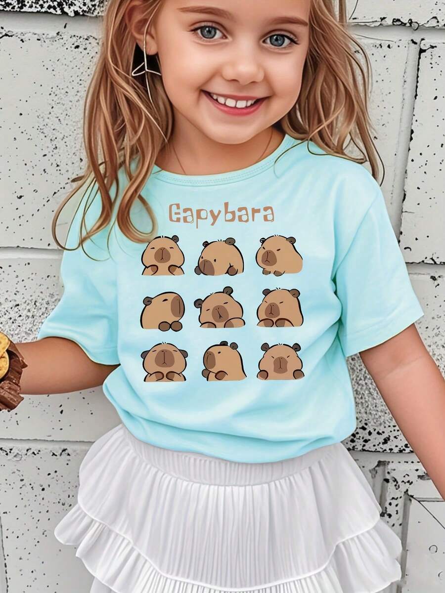 Camiseta con Gráfico de Carpincho para Niñas - Camiseta con Diseño de Carita de Carpincho y Estampado de Carpincho, Suave Top de Punto de Manga Corta con Cuello Redondo para el Diario - Azul - Ver 1