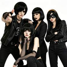 中性哥德風 Emo 黑色化纖假髮，短波波頭與分層長直髮，龐克搖滾 Cosplay 日常派對造型假髮，適合男女使用，適用於節日、展演、演唱會主題活動舞台道具、萬聖節 - 黑色 - 查看 6