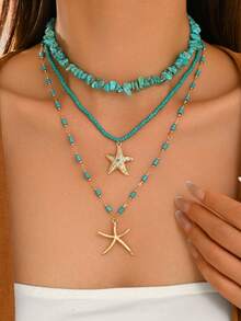 3pcs/Set Bohemian Style Handmade Beaded Necklace Set With Rhinestone Starfish Pendant, Niche Design, Fashionable Versatile Women's Neck Jewelry For Daily Wear, Vacation, Party And Date, Random Size, Shape And Quantity Of Beaded Stones - Multicolor - View 1