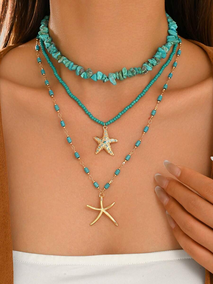3pcs/Set Bohemian Style Handmade Beaded Necklace Set With Rhinestone Starfish Pendant, Niche Design, Fashionable Versatile Women's Neck Jewelry For Daily Wear, Vacation, Party And Date, Random Size, Shape And Quantity Of Beaded Stones - Multicolor - View 1
