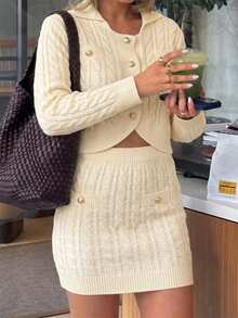 Women's 2 Pieces Knit Set, Polo Collar Cropped Cardigan With Faux Pockets And Button Decor + High Waist Mini Skirt, Cable Knit Design, Autumn/Winter Preppy Style - Apricot - View 5