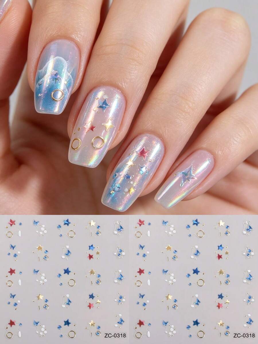 2Pcs 5D Dreamy Ocean Nail Stickers, Butterfly Stars Spring/Summer Nail Decals, Easy To Use, Suitable For Women's Home DIY Manicures. - 彩色 - 查看 1