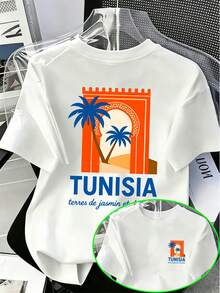Camiseta estampada de estilo resort norteafricano con temática tunecina. Un diseño exótico que presenta la palabra TUNISIA en su centro, combinado con ilustraciones de arcos rojo-naranja y p - Negro - Ver 10